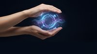 Female hands protecting glowing blue energy sphere with digital holographic effects on dark background for technology and innovation concepts.