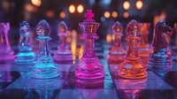 Glass chess pieces illuminated by vibrant neon lights on reflective board surface creating dramatic atmosphere with pink, blue and orange color scheme.