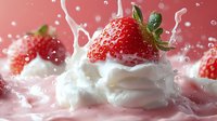 Fresh ripe strawberries falling into whipped cream creating splash effect on pink background, dynamic food photography with milk drops and cream swirls.
