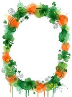 Watercolor shamrock frame with orange and green paint splashes, swirls and clovers on white background for St. Patrick's Day designs and Irish celebrations.