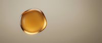 Golden amber liquid droplet or bubble suspended against neutral beige background, isolated and ready for design use on websites, packaging, cosmetics, skincare, wellness products.