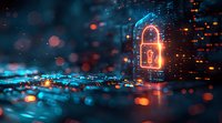 Glowing digital padlock with binary code in dark blue cybersecurity background with bokeh lights and data streams, representing network protection.