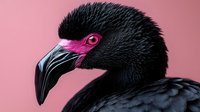 Black ibis with distinctive curved beak and pink eye against vibrant pink background, showcasing detailed feather texture and striking profile.