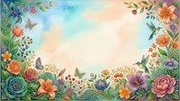 Watercolor floral frame with colorful flowers, butterflies, and hummingbirds on a soft sky background, perfect for greeting cards and invitations.