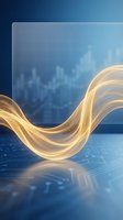 Golden flowing liquid wave over digital circuit board with blurred city skyline and financial growth chart background, representing data flow, technology innovation, and business success.