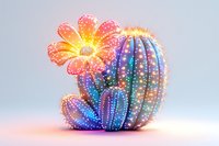 Magical glowing cactus with rainbow colors and sparkles blooming with pink flower against light background, fantasy botanical art for decorative design.