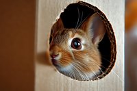 Curious red squirrel peeking through round hole in cardboard box, close-up portrait showing bright eye and fuzzy face in natural lighting.