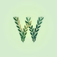 Decorative floral letter W formed with green leaves and botanical elements on light mint background, suitable for eco-friendly branding and natural product designs.