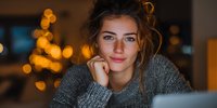 Young woman in cozy gray sweater smiling at laptop with warm bokeh Christmas lights in background creating intimate holiday atmosphere.