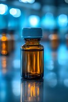 Amber glass bottle with blue cap against blurred laboratory background, reflecting on glossy surface. Perfect for pharmaceutical or essential oil concepts.