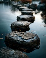 Stepping stones across calm water create natural pathway through tranquil pond, perfect for meditation and mindfulness concepts.