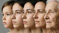 Female face aging progression from young adult to elderly, showing natural skin changes, wrinkles, and age-related facial transformation across five stages of life.