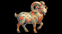 Ornamental ram with decorative floral patterns in orange, gold, and turquoise tones, isolated on transparent background. Ready for t-shirt design, clipart, stickers, sublimation, and print-on-demand products.