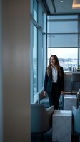 Professional businesswoman in dark suit standing by office windows overlooking city skyline in modern corporate building interior.