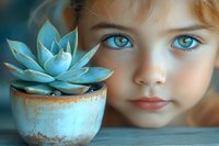 Young girl with bright blue eyes gazes intently next to turquoise succulent plant in rustic ceramic pot, creating dreamy artistic portrait with soft bokeh background.