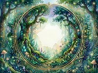 Enchanted forest portal with ornate golden frame surrounded by lush green foliage, magical glowing lights and mystical woodland atmosphere for fantasy designs.