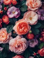Lush garden roses in coral pink and purple hues bloom among dark green foliage, creating a romantic vintage mood for wedding and floral design backgrounds.