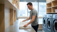 Young Caucasian man folding clean white laundry in modern apartment laundry room with wooden shelves and washing machines. Domestic household chores concept.