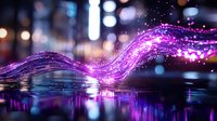 Magical purple light wave flowing over reflective surface with bokeh effects and glowing particles creating dreamy atmospheric scene for fantasy backgrounds.
