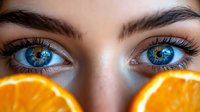 Close up view of bright blue eyes with orange citrus fruit slices creating artistic composition against dark background, beauty and wellness concept.