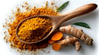 Vibrant turmeric powder in wooden spoon with fresh ginger root and green leaves on white background, showcasing aromatic cooking ingredients.