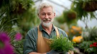 Senior male gardener with gray beard wearing apron holds potted plant in greenhouse surrounded by colorful flowers and greenery, expressing joy and expertise in gardening.
