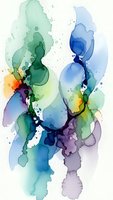 Abstract watercolor painting with flowing organic shapes in blue, green, purple and yellow tones creating fluid artistic composition for modern decor.