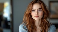Young Caucasian woman with long wavy auburn hair and blue eyes wearing light blue sweater in modern indoor setting with soft natural lighting.