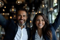 Successful business team celebrating achievement. Caucasian male and Hispanic female professionals in formal attire express joy with raised arms against bokeh lights.