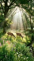 Two brown deer grazing in sunlit forest clearing with wildflowers, surrounded by tall trees and golden light rays filtering through canopy foliage.