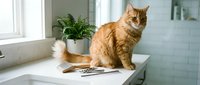 Fluffy ginger cat sitting on a white bathroom counter beside grooming tools and a green plant in a bright, clean interior.