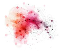 Abstract watercolor splash in pink and coral tones with flowing lines, dots and organic shapes on white background, suitable for modern wall art and design projects.