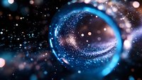 Magical glowing sphere with sparkles and bokeh effects in dark blue and orange colors creates mystical cosmic atmosphere for fantasy backgrounds.