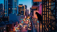A silhouetted crow perches on an urban fire escape overlooking a vibrant cityscape at dusk with illuminated skyscrapers and glowing street lights below.