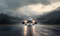 Commercial passenger aircraft on wet runway during dramatic stormy weather, front view with landing lights reflecting on rainy tarmac against mountainous background.