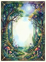 Enchanted forest frame with magical trees, mushrooms, flowers and moon creating mystical woodland border for fairy tale designs and fantasy artwork.