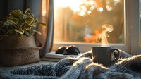 Steaming coffee cup on cozy knit blanket by window at sunrise, with houseplant and warm golden light creating peaceful morning atmosphere.