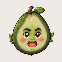 Cute cartoon avocado character with expressive face, rosy cheeks and brown eyes on light background. For children's books, food packaging and menu design.