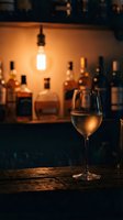 Glass of white wine on wooden bar counter with warm ambient lighting and blurred bottles in background creating cozy pub atmosphere for hospitality design.