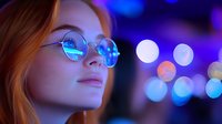 Young woman with red hair wearing round glasses illuminated by vibrant neon lights and bokeh effects, creating atmospheric cyberpunk mood for creative night portraits.