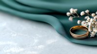 Elegant wedding ring with delicate white flowers on flowing teal silk fabric, romantic bridal jewelry composition for luxury ceremony celebrations.