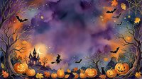 Watercolor Halloween night scene with pumpkins, flying witch, bats, haunted castle, crescent moon, and spiderwebs framing a purple sky.