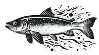 Black and white salmon illustration with dynamic splatter effect and detailed fins, swimming against abstract fluid motion background, isolated on white for graphic design use.