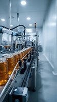 Automated pharmaceutical production line with robotic arm filling amber glass vials in sterile cleanroom facility for medicine manufacturing and quality control.