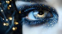 Magical eye makeup with blue glitter and gold sparkles on pale skin, extreme macro shot showing intricate details of eyelashes and iris pattern.