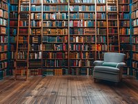 Cozy armchair in vintage library interior with floor-to-ceiling wooden bookshelves filled with antique books, hardwood flooring creates warm atmosphere.