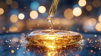 Golden honey dripping from glass dropper creating splash and ripples on reflective surface against blurred bokeh lights background, macro photography.