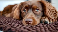 Adorable brown dachshund puppy with expressive blue eyes lying on textured purple blanket, close-up portrait showing sweet melancholic expression.