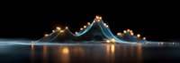 Illuminated suspension bridge with glowing lights reflecting on calm water surface at night, creating magical panoramic cityscape atmosphere.