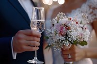 Groom holding champagne flute with sparkling wine at wedding celebration, standing beside bride with pink rose and white flower bouquet during reception toast.